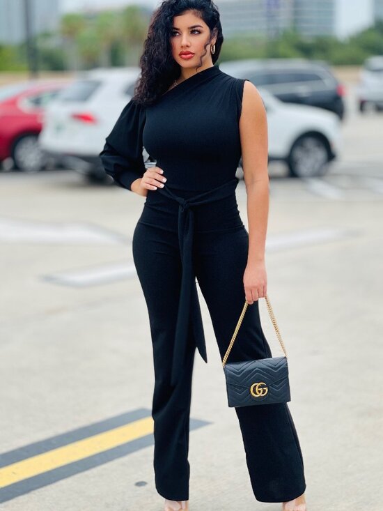 SJK Fashion Pants - Black One Shoulder Jumpsuit Women’s Belted Wide Leg Elegant Evening Outfit S M L